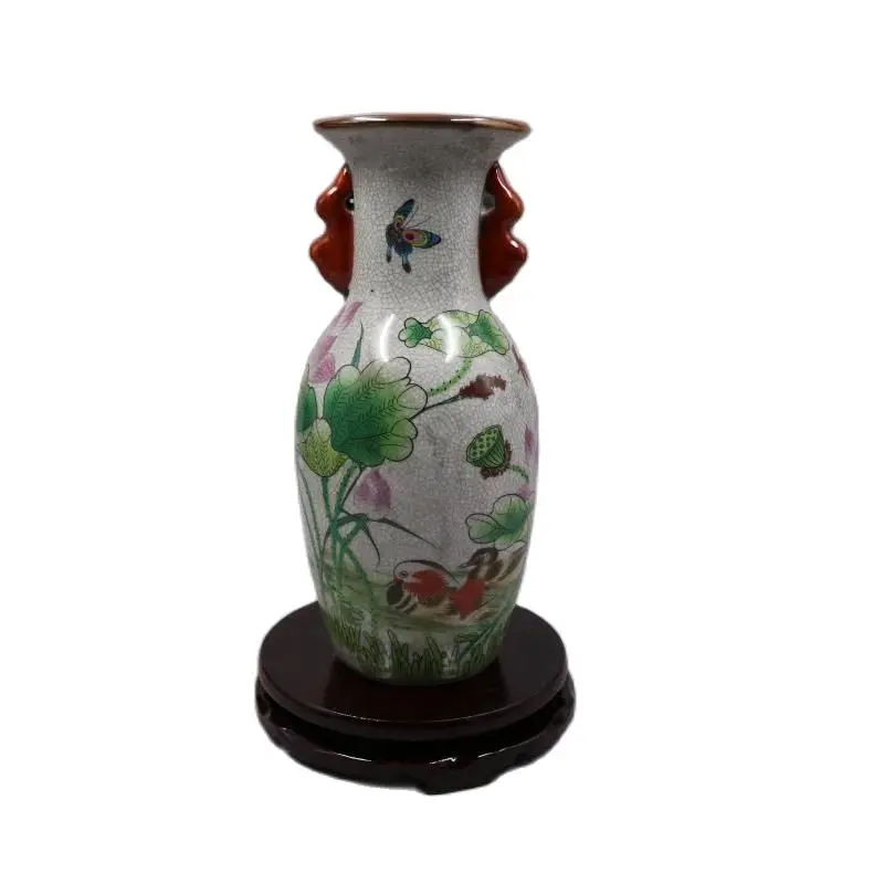 Chinese Old Porcelain Crack Glazed Mandarin Duck Lotus Painting Double Ear Vase