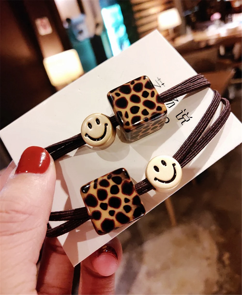 Girls Smile Rubber Bands Leopard Hair Ropes Women Ponytail Hair Elastic Band Made Of Hair Rubber Hair Bundle Hair Accessories