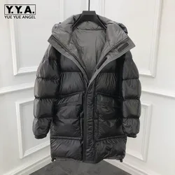 Men Medium Long Thick Down Coat Winter Casual Hooded White Duck Down Jackets High Street Casual Full Sleeve Outerwear Oversize