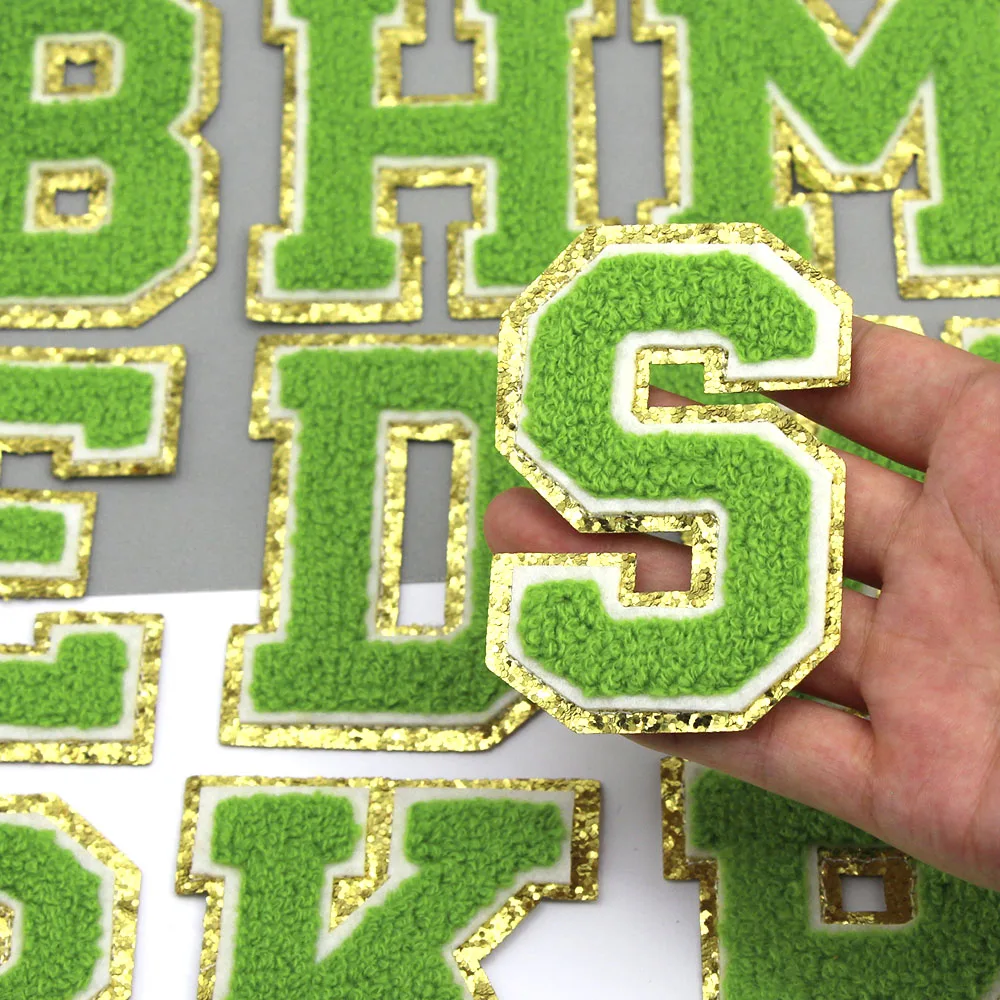 Parche bordado con letras verdes para ropa de niños, parche para planchar, bolsos, Jeans, apliques de chenilla, nombre DIY, 80MM