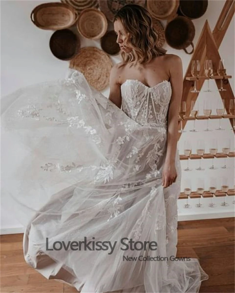 Loverkissy-vestidos de novia bohemios de encaje con mangas abullonadas para mujer, vestidos de novia playeros con cordones, de gasa, de corte A