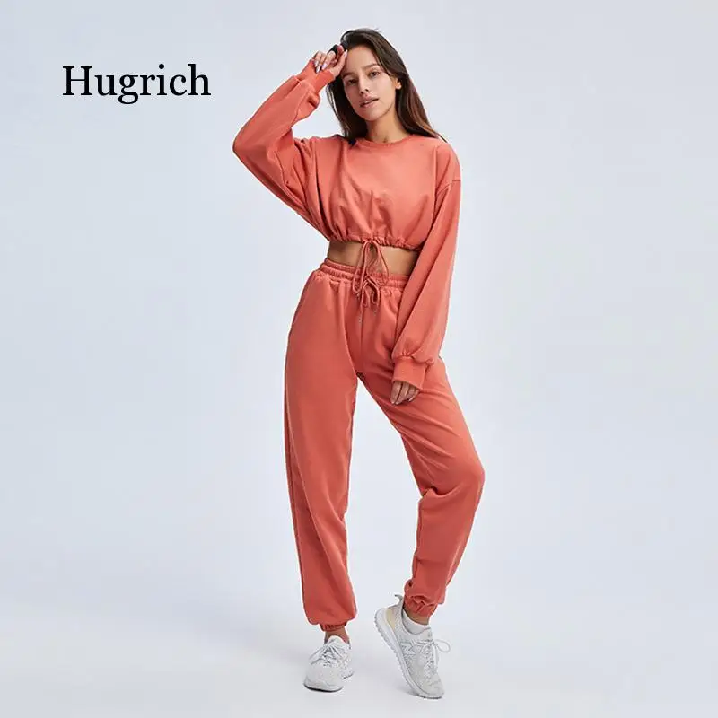 2021 Solid Color Fitness Sports Loose Large Size Long Sleeve Short Top and Pants Casual Two Piece Suit