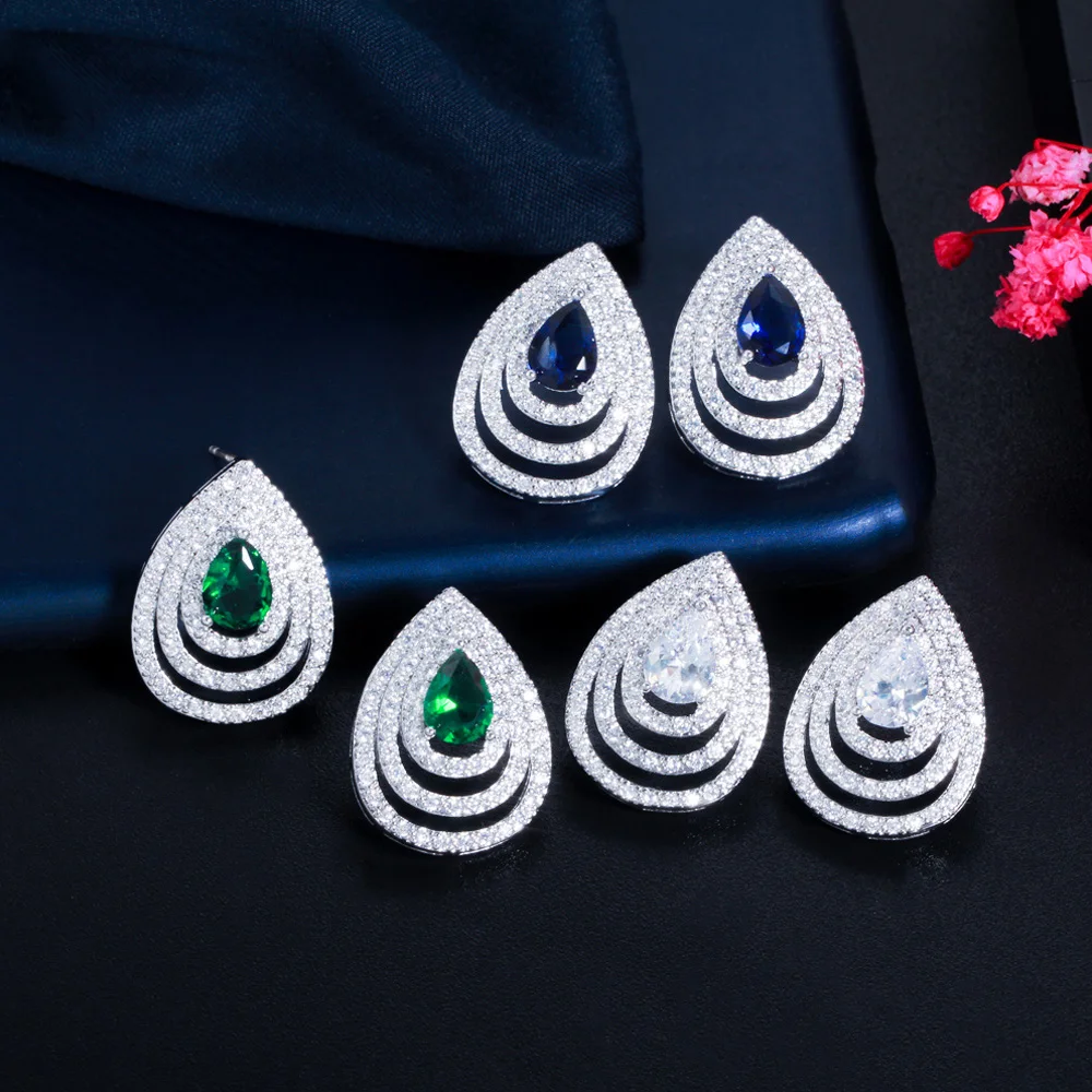 Pera Stunning Green Blue Cubic Zirconia Silver Color Multiple Waterdrop Shape Stud Earings for Women Prom Jewelry Gift E777