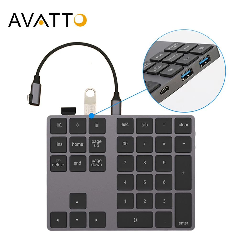 AVATTO Aluminum Alloy Bluetooth Wireless Numeric Keypad with USB HUB Digital Input Function for Windows,Mac OS,Android laptop PC