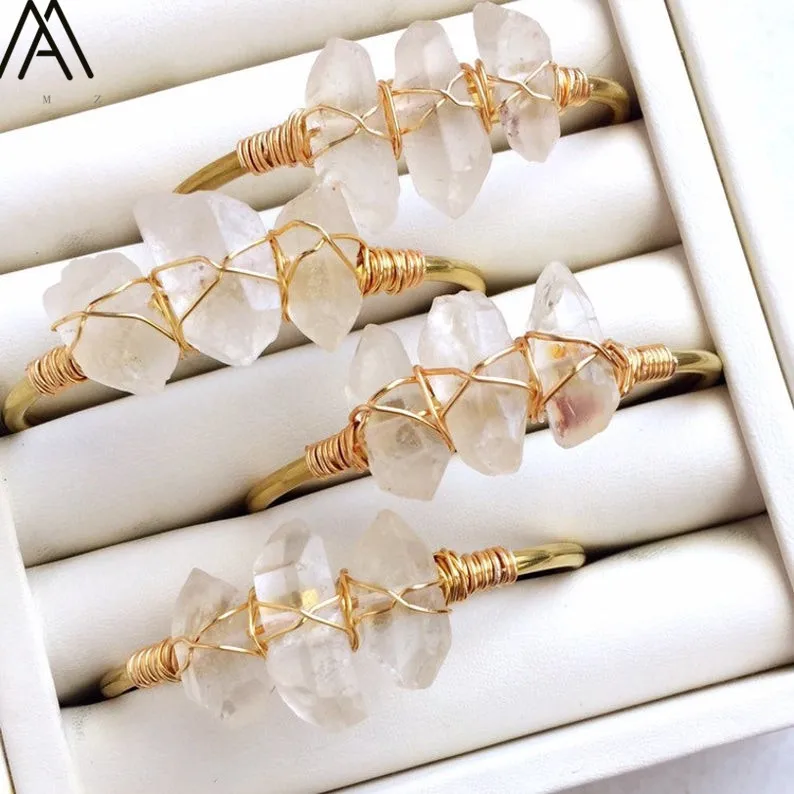 

Natural Stone Open Bangle Jewelry Women Gold Color Wire Wrap Irregular White Crystal Quartz Cuff Bangles Bracelets BG001AMAB
