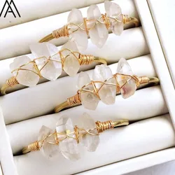 Natural Stone Open Bangle Jewelry Women Gold Color Wire Wrap Irregular White Crystal Quartz Cuff Bangles Bracelets BG001AMAB