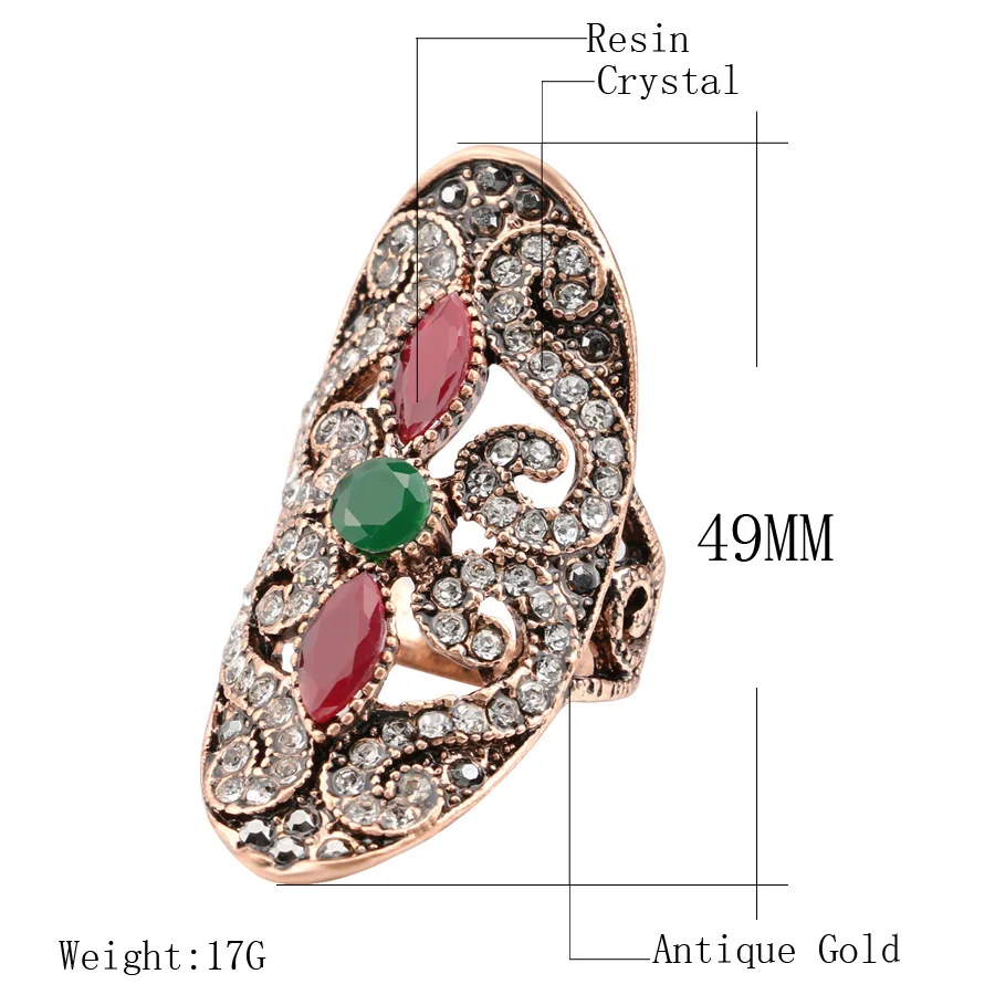 Kinel Vintage Ring Trendy Women Jewelry Gold Color Inlaid Red Resin Big Oval Party Crystal Antique Rings Turkish Jewelery 2020