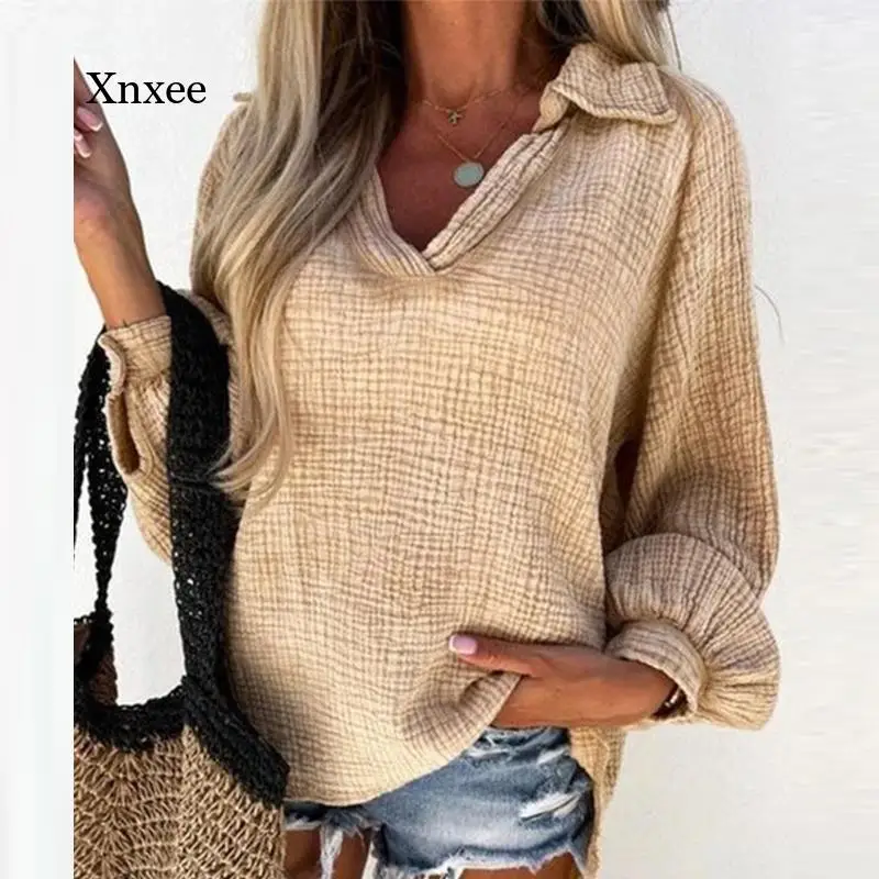 New Women's Autumn and Winter Tops Fashion Casual Solid Color Loose Pullovers Fashion Deep V-Neck Lantern Long-Sleeved Shirt