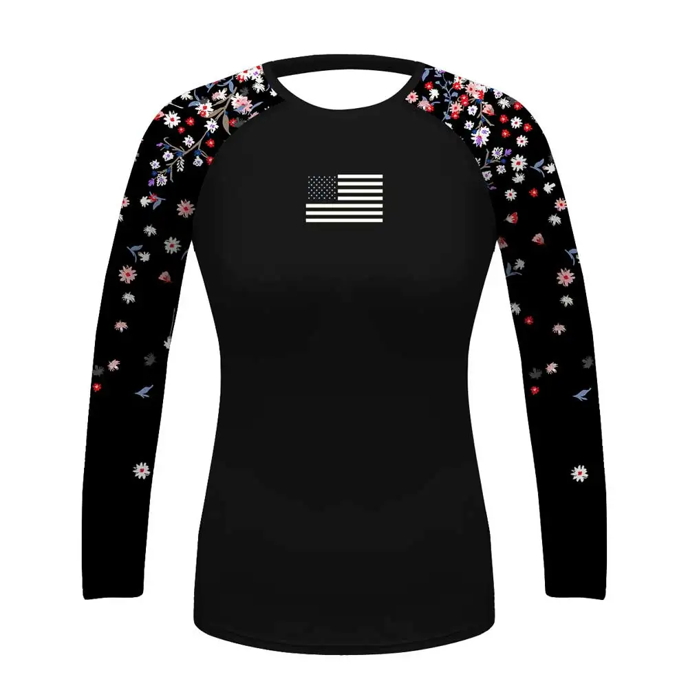 

Add Your Flag Customized Women Sports Compression Diving Bjj Rash Guard Fitness Athletic Tops