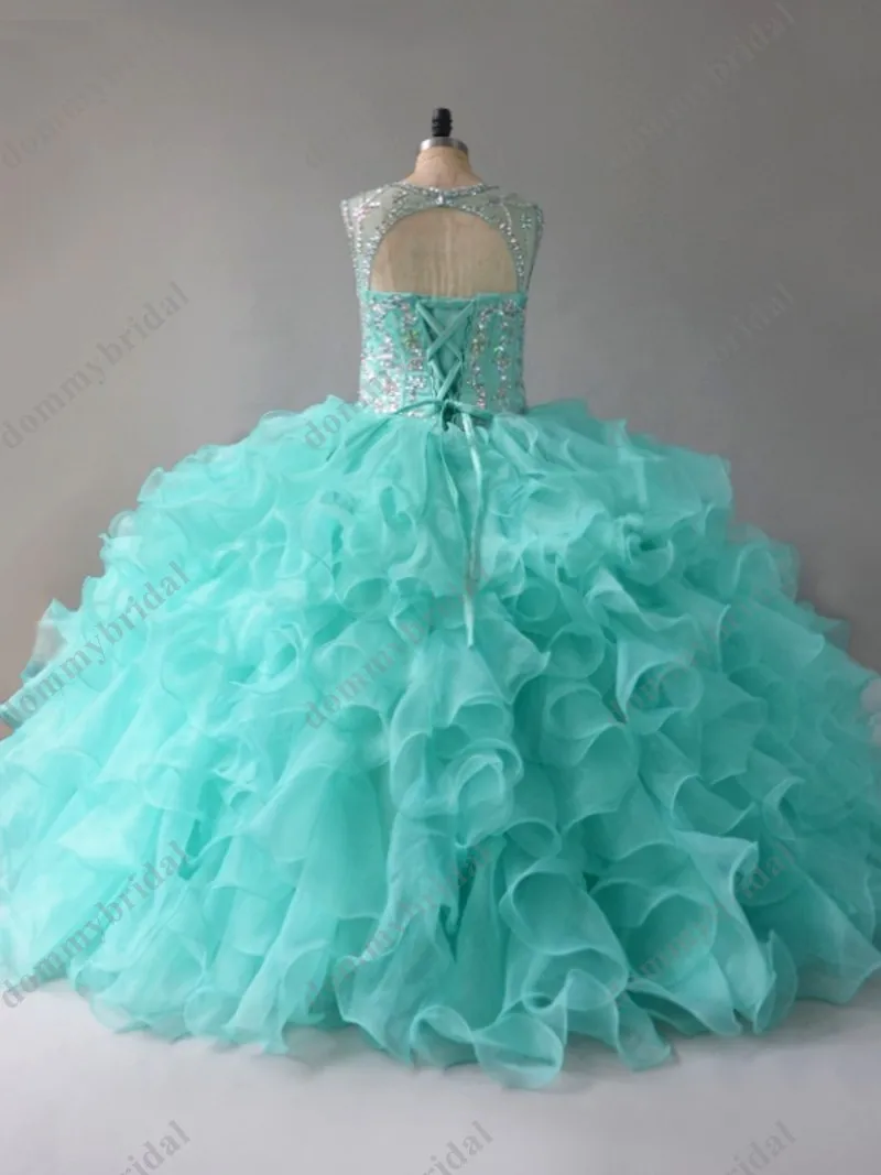 Glamourous Vestido De 15 Anos XV Jahre Alt Aqua Blau Günstige Quinceanera Kleid Prom Abendkleid Cyrstal Gekräuselte Organza