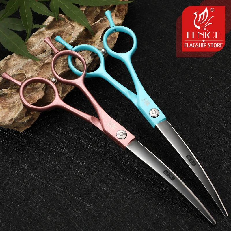 Fenice 6.5 inch Left Handed Scissors Pet Dog Grooming Curved Scissors JP440C Stainless Steel Pink/Blue