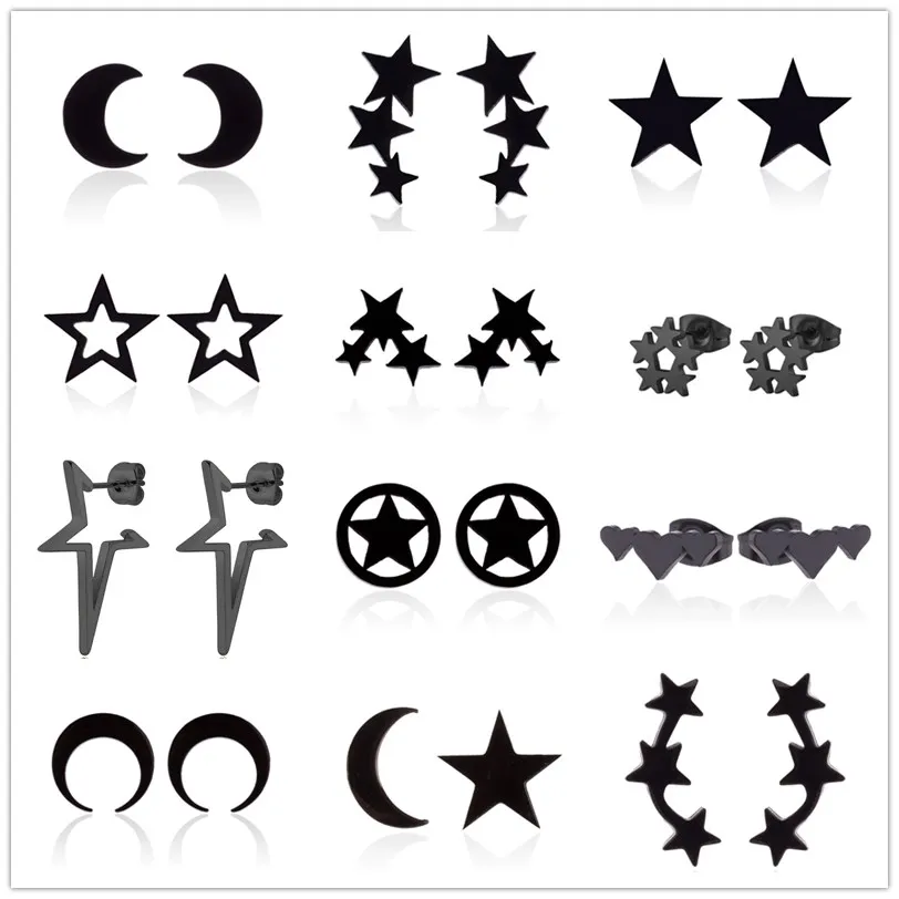 Stainless Steel Star Moon Earrings For Women Girl Crescent Moon Pentagram Ear Stud Everyday Earring Celestial Fashion Jewelry
