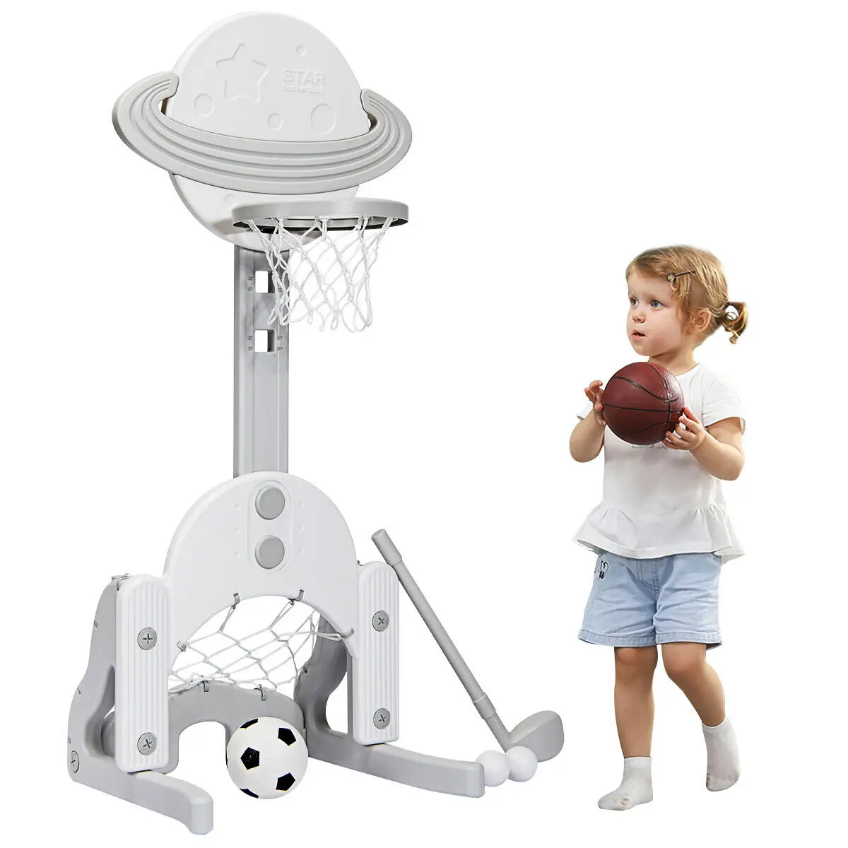 3 in 1 Kids Basketball Hoop Set Adjustable Sports Activity Center w/ Balls White  TY327811WH