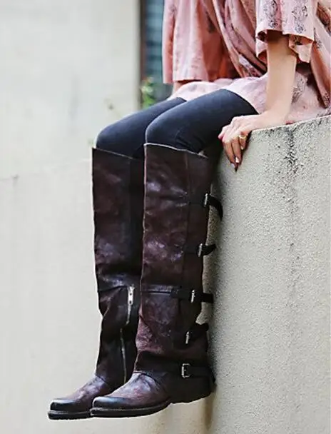 Coffee Black Woman Retro Flat Sheep Skin 100% Real Leather Knee High Long Boots Buckles Round Toe Knight Boots