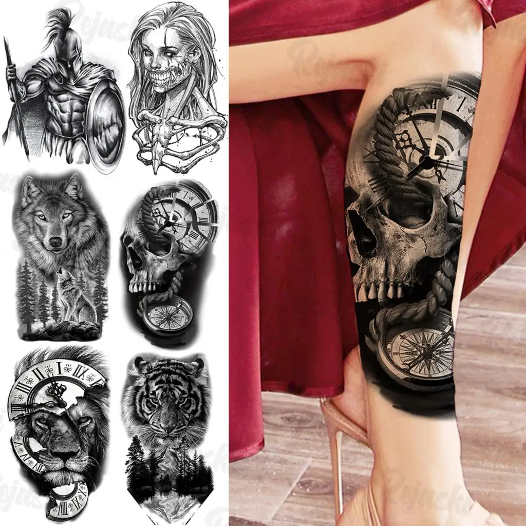 Big Skull Skeleton Compass Temporary Tattoos For Women Men Realistic Knight Vampire Wolf Forest Fake Tattoo Sticker Body Tatoos