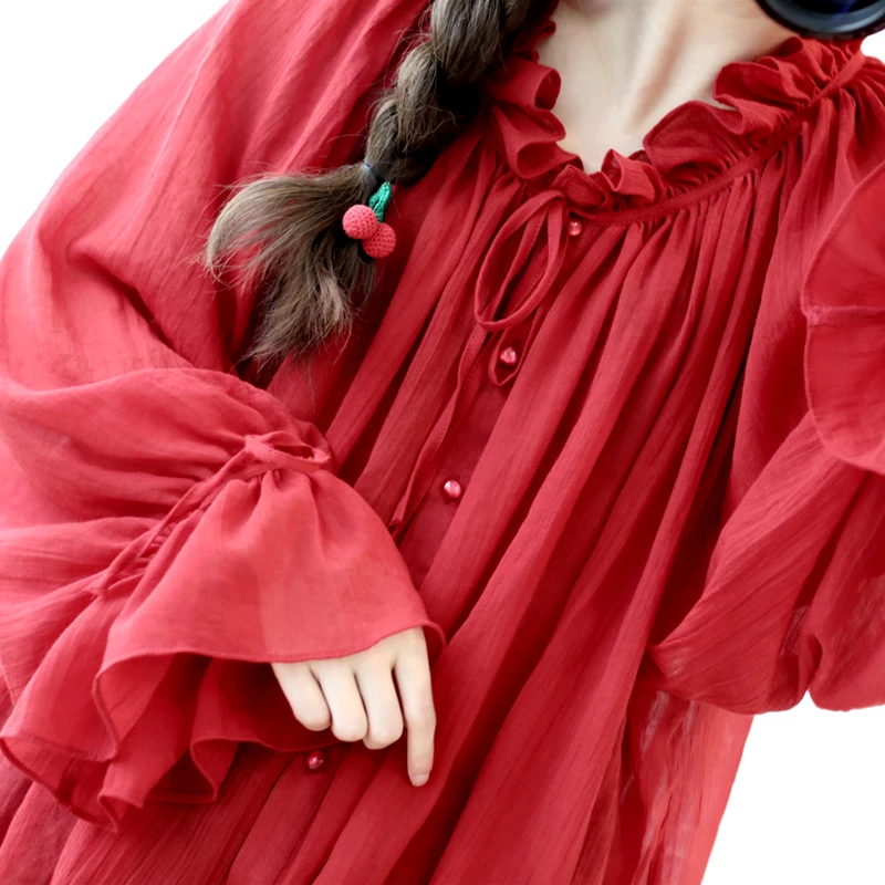 Original Design AIGYPTOS Spring New Women Oversized Red Shirts Ladies Sweet Elegant Casual Loose All-Match Dark Red Blouses