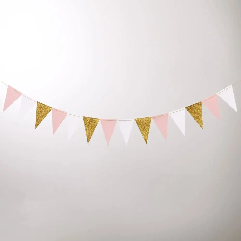 10Ft Pink White Gold Paper Triangle Garland Flag Bunting Pennant Banner for Wedding Bridal Shower Birthday Party Home Decoration