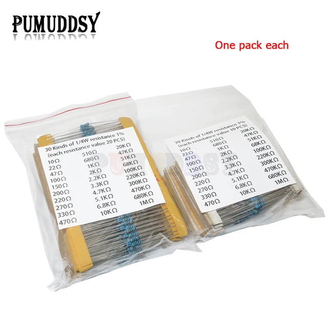 600pcs/set 30 Kinds 1/4W Resistance 1% Metal Film Resistor Pack Assorted Kit 1K 10K 100K 220ohm 1M Resistors 300pcs/set 3 600pcs/set 30 Kinds 1/4W Resistance 1% Metal Film Resistor Pack Assorted Kit 1K 10K 100K 220ohm 1M Resistors 300pcs/set 3