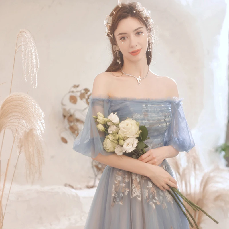 Elegant Off The Shoulder Long Birthday Party Gown Women Exquisite Embroidery Slim A-Line Banquet Gown Blue Tulle Wedding Dress