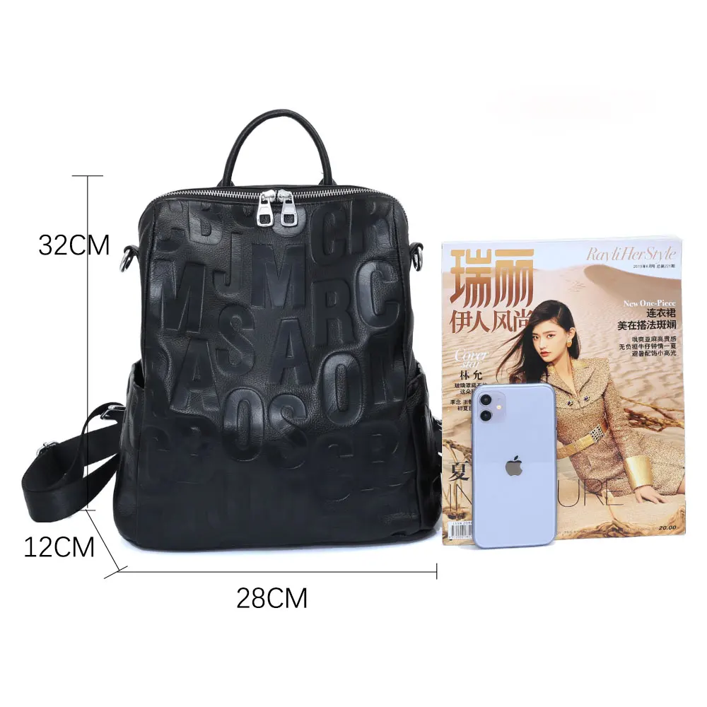 Zency Women\'s Genuine Leather Backpack Spring Summer Unique Letter Fashion Shoulder School Travel Knapsack Rucksack Girls