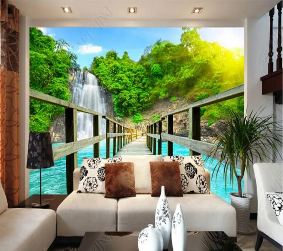 

Papel de parede Waterfall and wooden bridge 3D scenery 3d wallpaper mural,iving room tv wall bedroom wall papers home decor