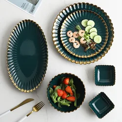 Luxury Vintage Dinner Plates with Gold Rim, Ceramic Oval Platter, Soup Bowl, Salad Bowl, Taste Plate, Green Crockery