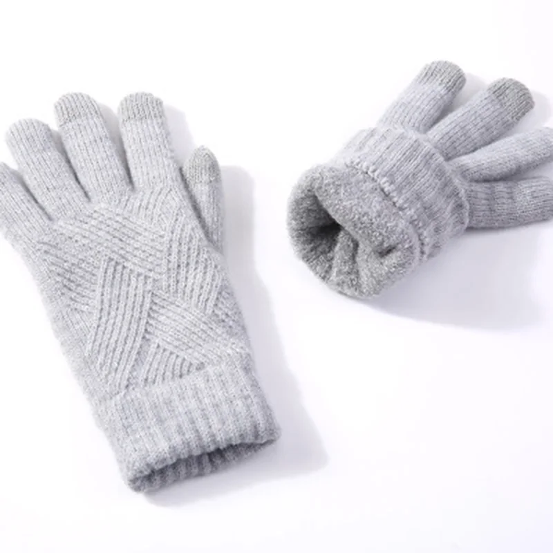 Men Women Winter Double Layer Warm Knit Full Finger Mitten Female Woolen Touch Screen Thick Velvet Cycling Driving Glove H46