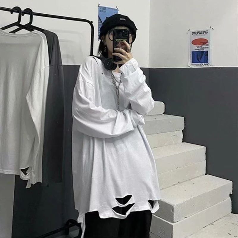 Autumn Winter Fashion Long Sleeve Men Tshirt Korean Vintage Ripped Hole Streetwear Woman 3xl Oversized Punk White Black Clothing