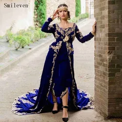 Smileven Royal Blue Algerian Caftan Evening Dress Morocco Velvet Special occasion Dresses Appliqued Lace Outfit Prom Party Gowns