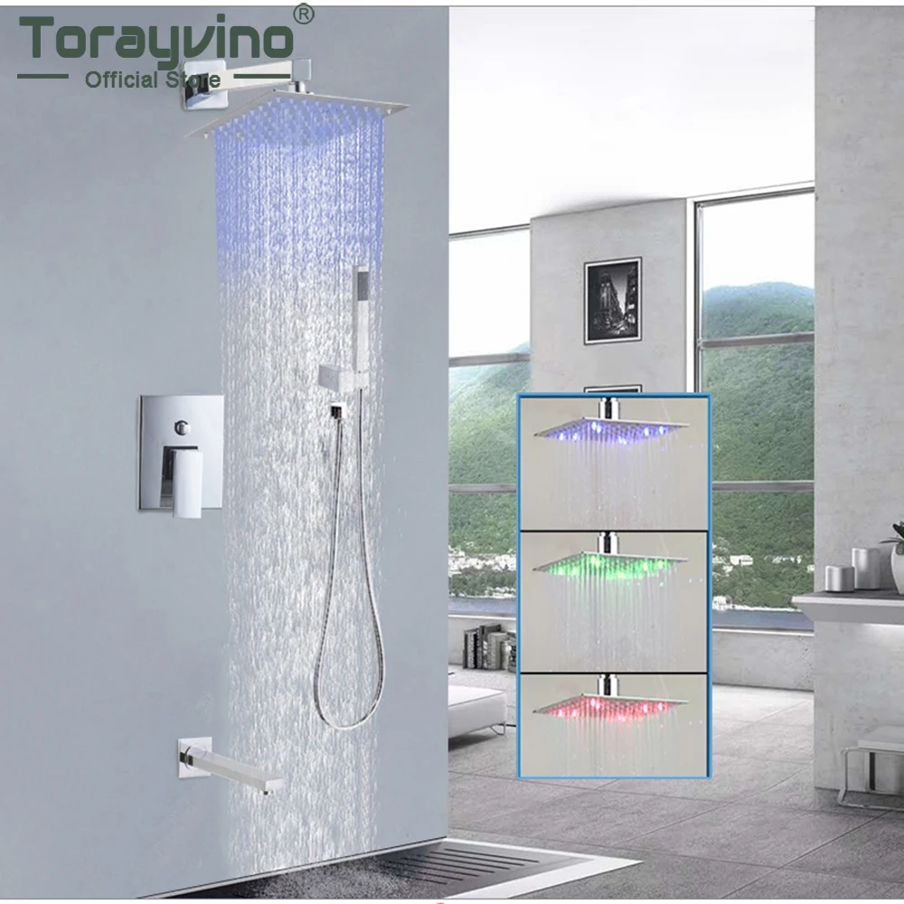 

Torayvino LED Chrome Concealed Wall Mount Rainfall Bathroom Shower Faucet Set 8" 12" 16" Head With Swivel Tub Spout Mixer Tap