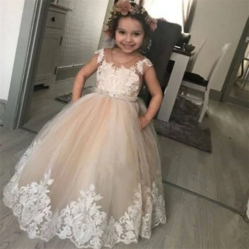 Vestido infantil inchado de laço de marfim, vestido floral de cetim para meninas, vestido longo de princesa com laço para crianças