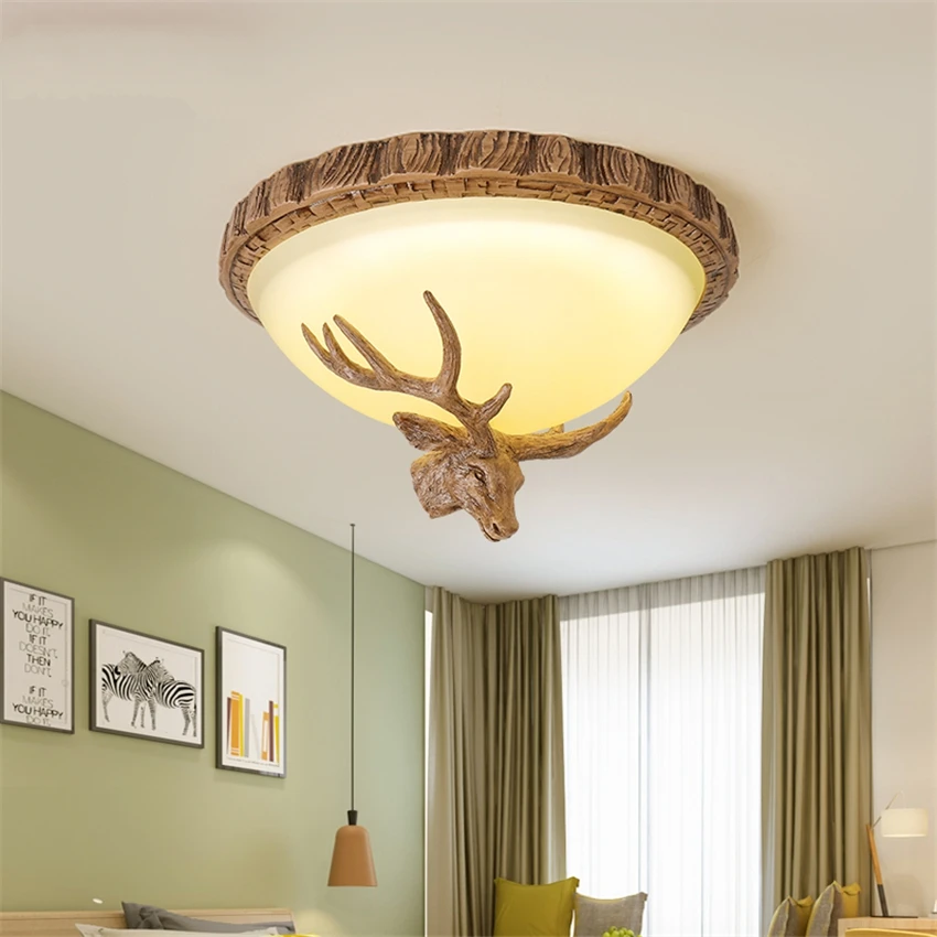 American Country Resin Deer Head Ceiling Lights Retro Art Deco Bedroom Aisle Balcony Corridor Antler Ceiling Lamps Fixtures