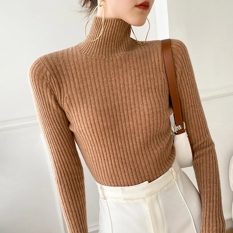 Suéteres de Cachemira de manga larga para mujer, jersey de cuello de imitación a la moda, tops tejidos de primavera y otoño