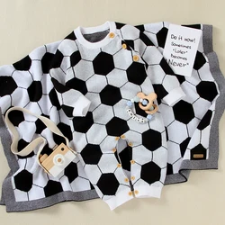 Baby Romper + Blanket Sets Cotton Knit Newborn Boys Jumpsuit Outfits Fashion Football Pattern Toddler Infant Clothing Suits 2PCS