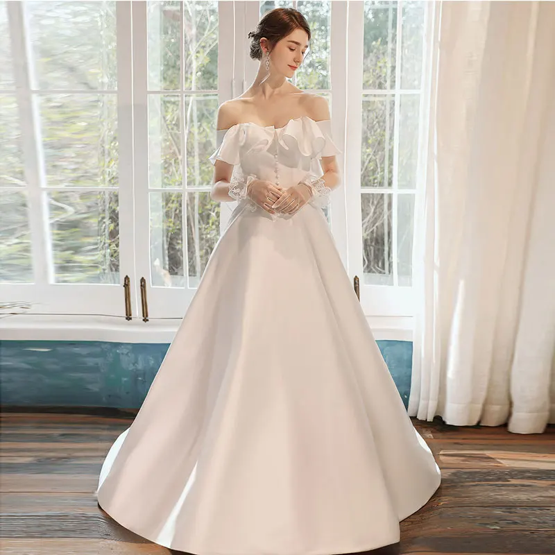 

AE0074 New Style Satin Off The Shoulder Wedding Dress Robe De Mariee Vestido Robe De Soiree Bride To Be Gown Sweep Train