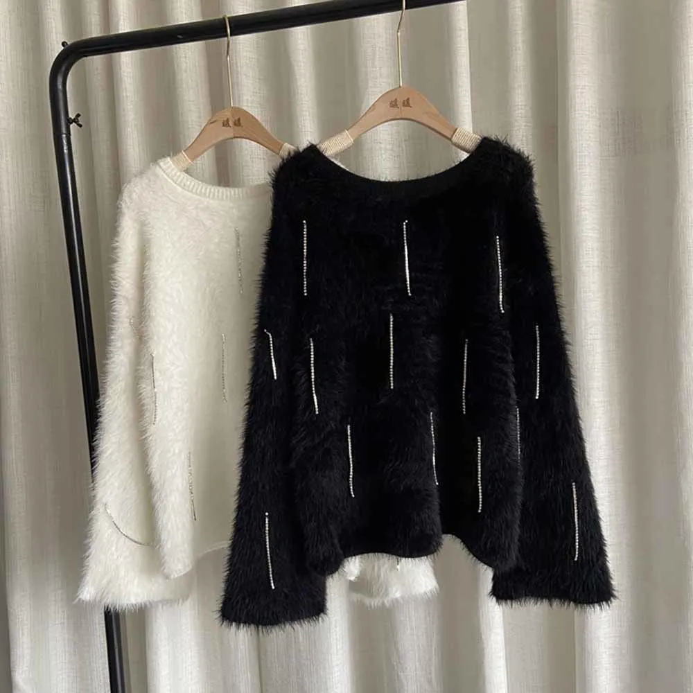 Luxury Designer Brand Knitted Sweater for Women O Neck Mohair White Tassel Black Loose Knitted Pullover Sweater