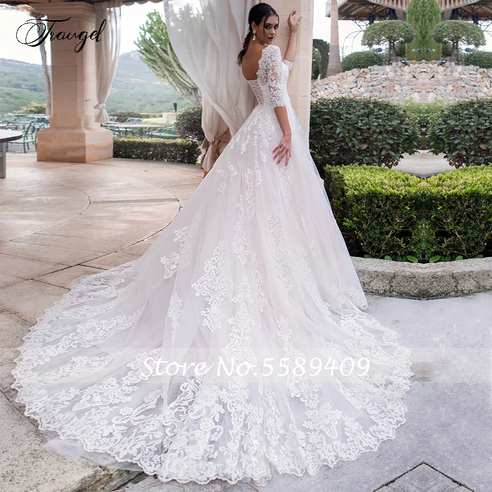 Traugel Scoop A Line Lace Wedding Dresses Elegant Applique 3/4 Sleeve Backless Bride Dresses Chapel Train Bridal Gown Plus Size