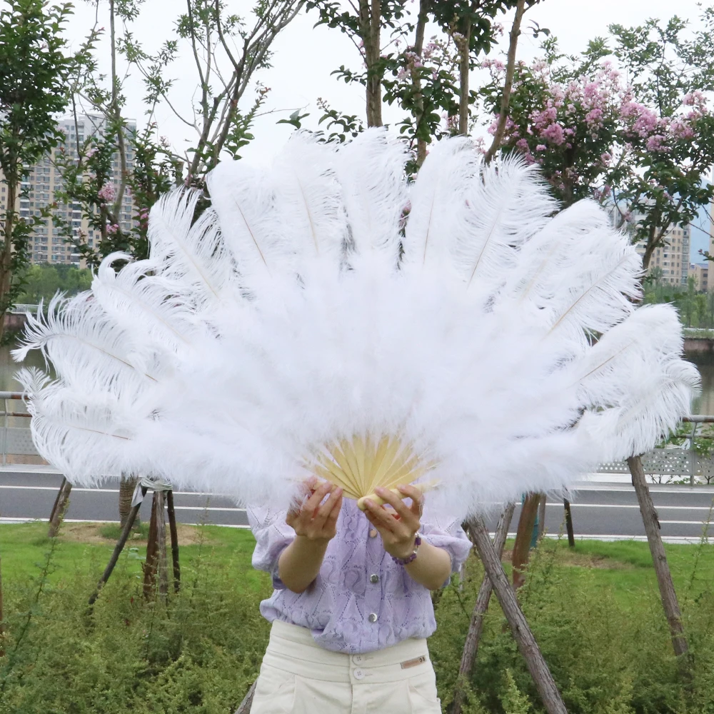 

13 Bones White Large Ostrich Marabou Feathers Fan With Bamboo Staves Decorative Feather Fan Dance Stage Wedding Props