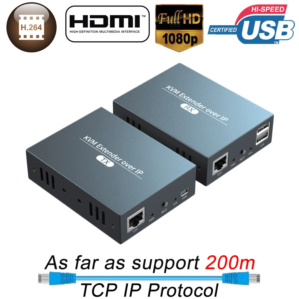 

2023 Best IP Network HDMI USB Keyboard Mouse KVM Extender 200m Over TCP IP 1080P HDMI KVM Extender Via RJ45 Cat5e/6 Cable for PC