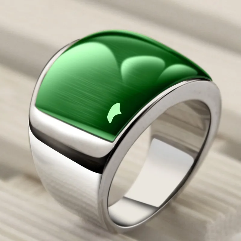 BOCAI 316l Titanium Steel Men\'s Rings Domineering Fashion Personaltiy Temperament Green Cat\'s Eye Gemstone Finger Ring