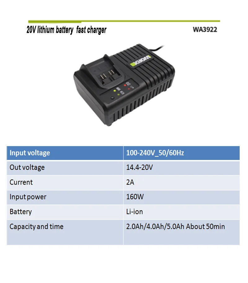 WORX 20V Lithium Battery Charger and Fast Charge Power Tools time 50 min best quality multi- charge protection 20V worx charger