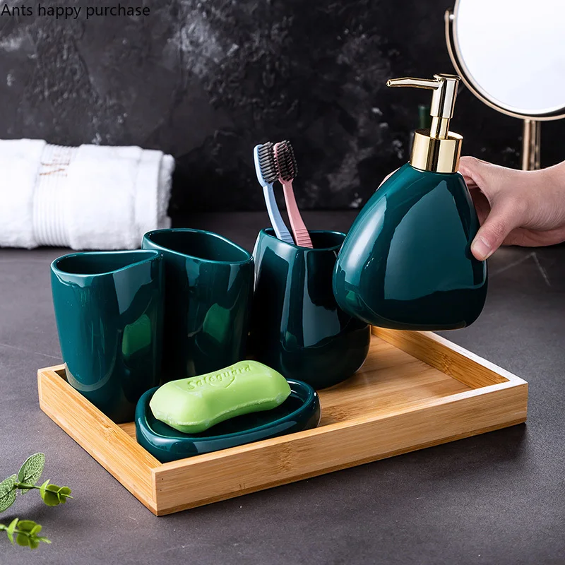 Green Ceramic Bathroom Set Bathroom Supplies Lotion Bottle Toothbrush Cup Mouth Cup Soap Dish Bathroom 5-piece Set Wood Tray