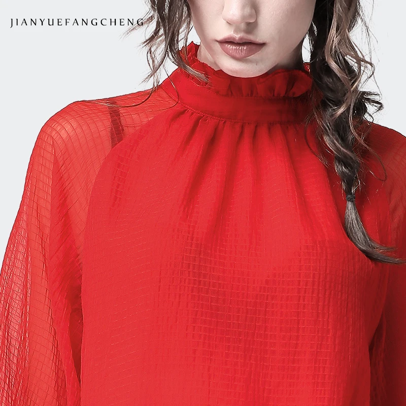 Lantern Sleeve Red Chiffon Blouse Mesh Top Women Spring Summer Loose-Fitting Plus Size Long Sleeves Stand Ruffled Collar Shirts