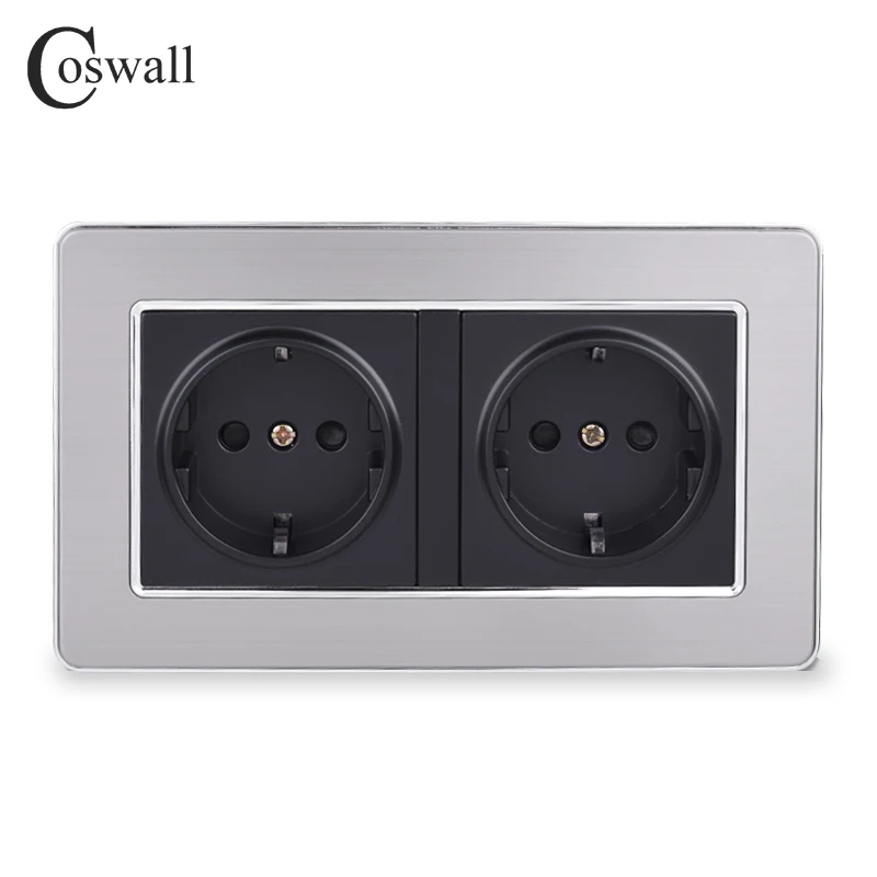 COSWALL 16A Double EU Standard Wall Socket Luxury Power Outlet Grounded Stainless Steel Panel With Children Protective Door