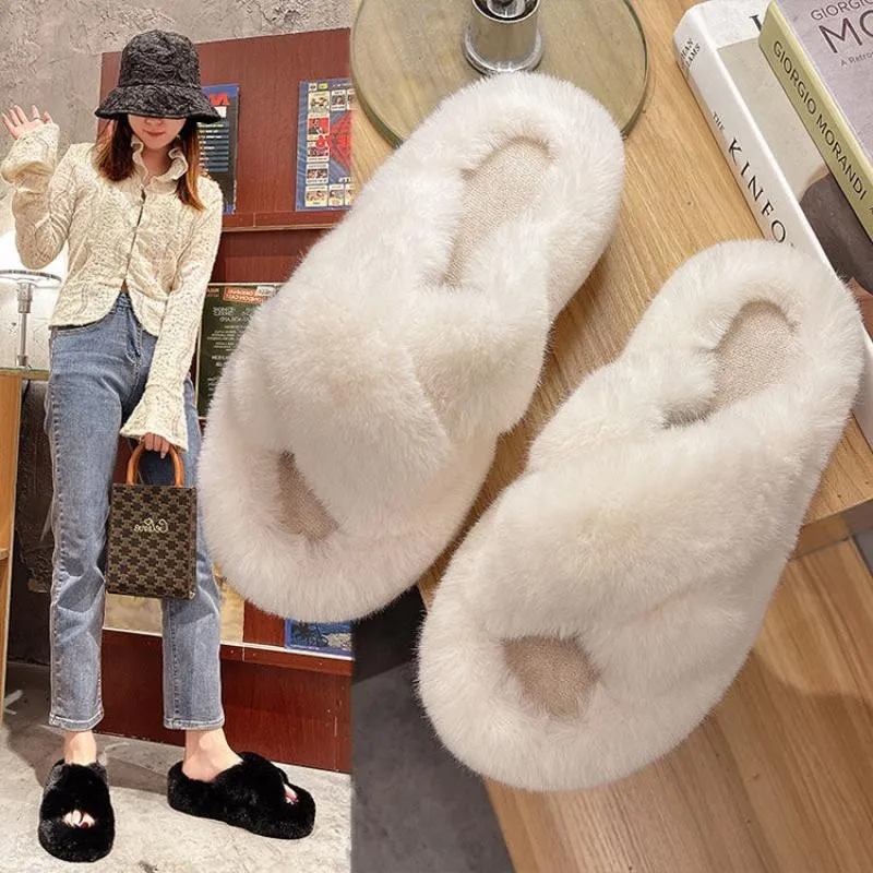 Plus Velvet Warm Plush Slippers Women's Outer Wear Autumn Winter New Non-slip Cross Cotton Slippers Thick-soled Women's Slippers