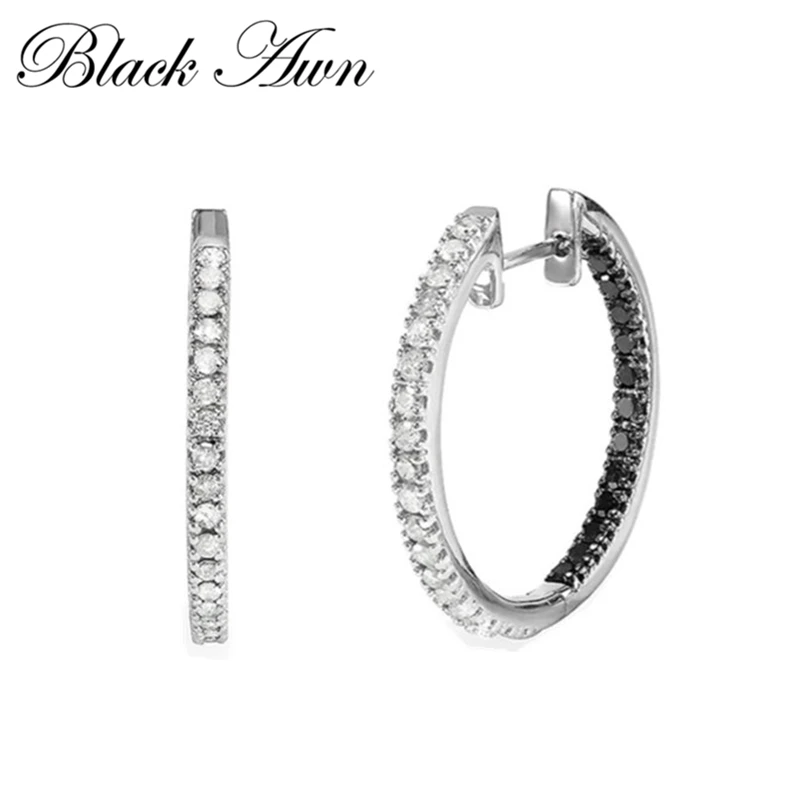 Black Awn 2023 New Classic Round Trendy Spinel Engagement Hoop Earrings for Women Fine Jewelry I189