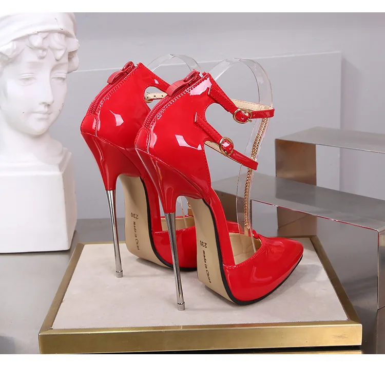 Crossdresser shoes zapatos mujer 16cm thin heels Sandals women wedding Pumps Bridal Buckle Patent Leather Stiletto Drop shipping