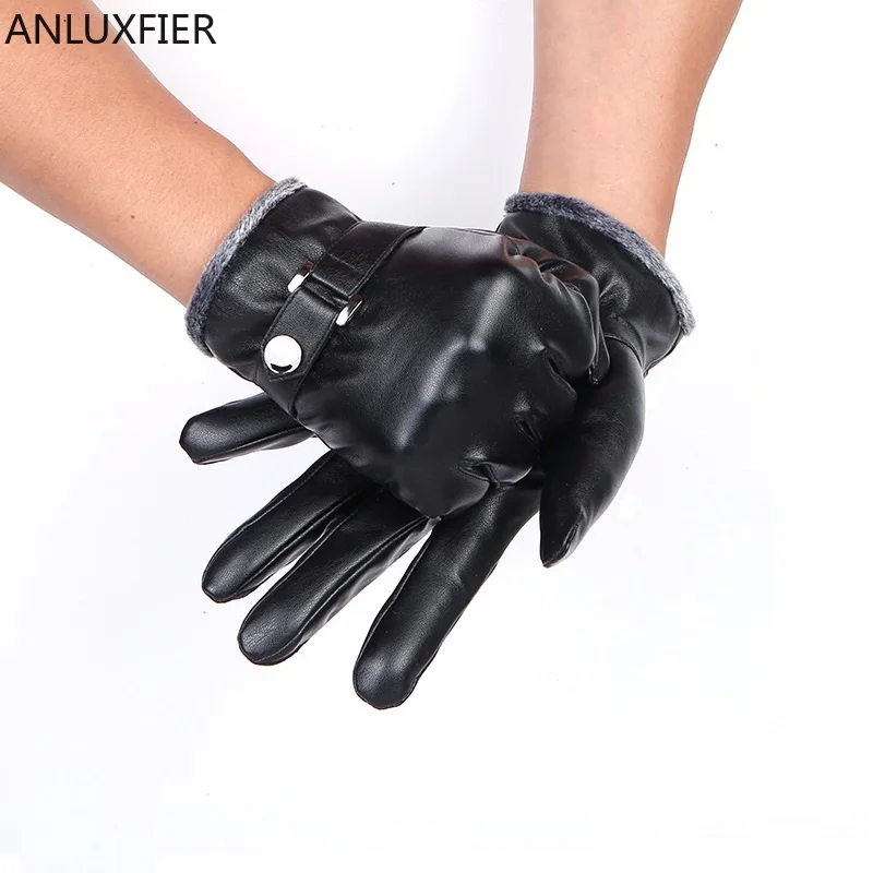 

H10074 Men Outdoor Winter Warm Gloves Touch Screen Black Leather Mittens Windproof Waterproof Velvet Thick Driving Hand Muff