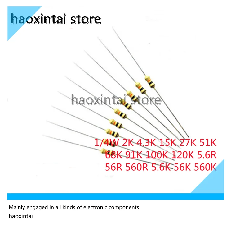 1000PCS 1/4 carbon film four-color ring resistance 2K 4.3K 15K 27K 51K 68K 91K 100K 120K 5.6R 56R 560R 5.6K 56K 560K 5%