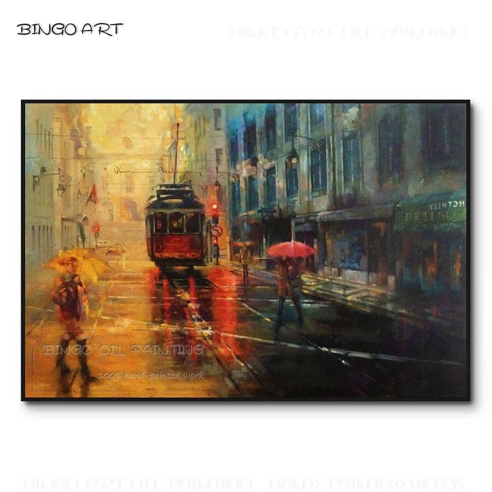 High Skills Artist Hand-painted Street View after the Rain Tram Landscape Oil Painting Canvas Wall Fine Art Street Oil Painting